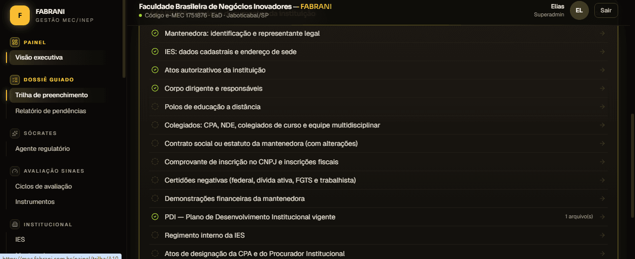 Lista de passos da trilha com o que está entregue e o que falta