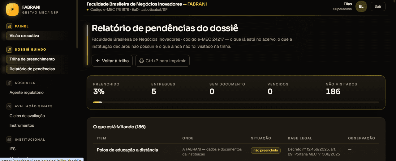Relatório de pendências do dossiê
