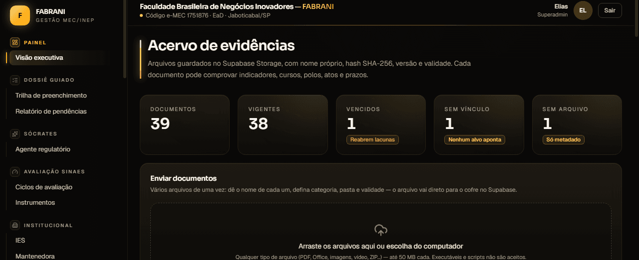 Acervo de evidências com documentos, vigentes, vencidos e sem vínculo
